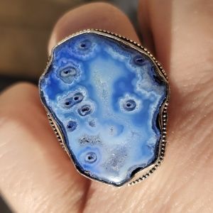 New Blue Solar Quartz Agate Druzy 925 Silver Statement Ring.